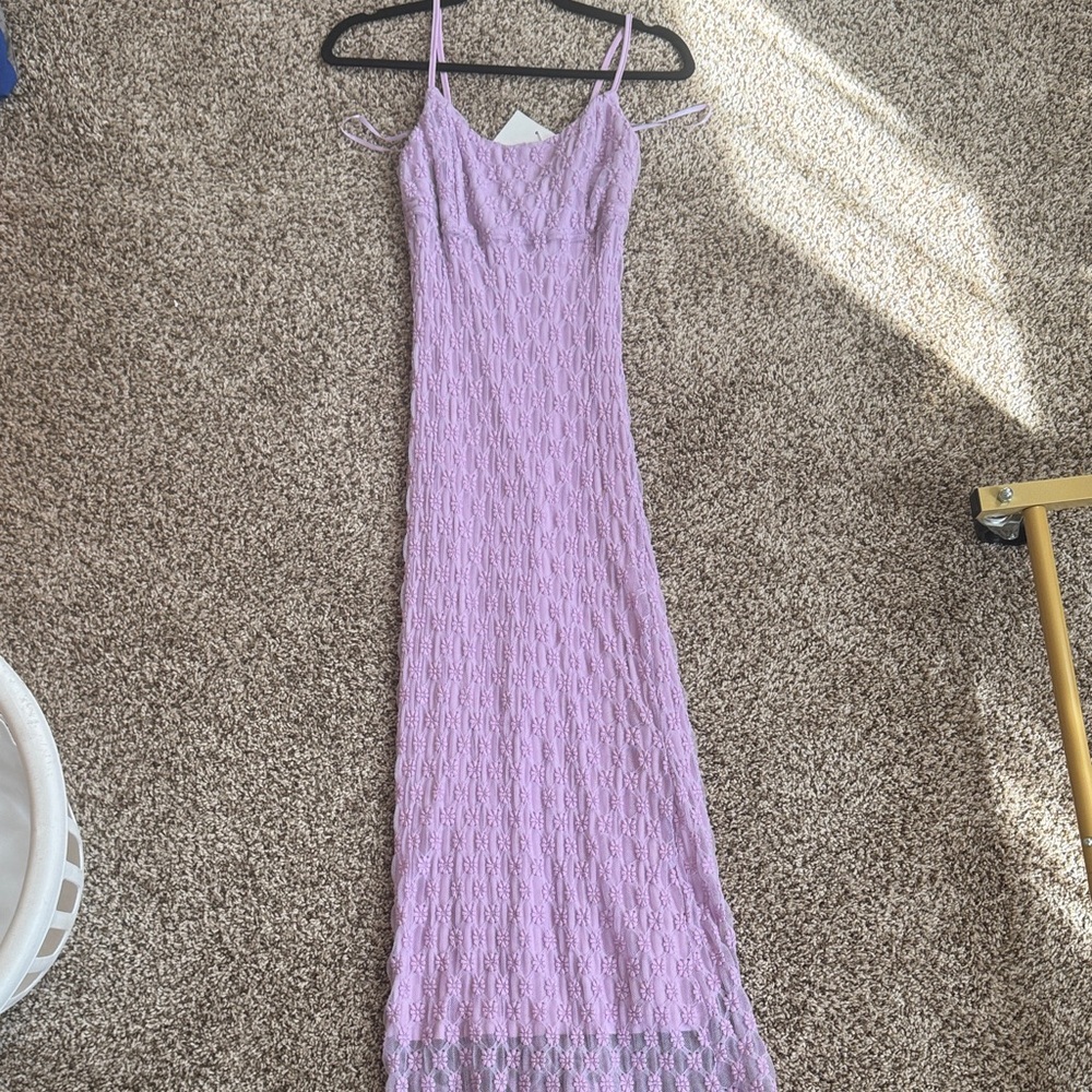 Lilac Lace Maxi Slip Dress with Spaghetti Straps